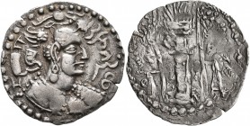 HUNNIC TRIBES, Nezak Huns. Drachm (Silver, 26 mm, 3.88 g, 4 h), š-group, early style, Ghazni, circa 550. nycky MLK - š (in Pahlawi) Bust with elongate...