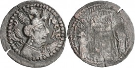 HUNNIC TRIBES, Nezak Huns. Drachm (Billon, 26 mm, 2.86 g, 3 h), late style, circa 600-650. NYCKY MLKA ('Nezak King' in Pahlawi) Bust to right, wearing...