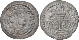 HUNNIC TRIBES, Western Turks. Tegin, circa 680-700. Drachm (Silver, 30 mm, 3.00 g, 11 h). Draped bust of Tegin to right, wearing winged crown surmount...
