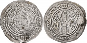 HUNNIC TRIBES, Western Turks. Sandan, Lord of the Oxus, circa 690-730. Drachm (Silver, 33 mm, 3.45 g, 4 h), uncertain mint in Bactria, circa 690-730. ...