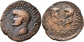 SPAIN. Carthago Nova. Tiberius, with Nero and Drusus Caesars, 14-37. 'As' (Bronze, 29 mm, 12.99 g, 9 h). [TI CAES]AR DIVI AVGVSTI F AVGVSTVS P M Bare ...