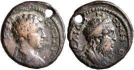 BITHYNIA. Nicaea. Commodus, as Caesar, 166-177. Hemiassarion (Bronze, 18 mm, 3.06 g, 1 h). [AY K] M AYP KOM ANT Bare-headed and cuirassed bust of Comm...