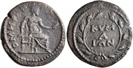 AEOLIS. Cyme. Pseudo-autonomous issue. Assarion (Bronze, 20 mm, 5.00 g, 12 h), time of Commodus, circa 184-190. OMHPOC Homer seated to right, holding ...