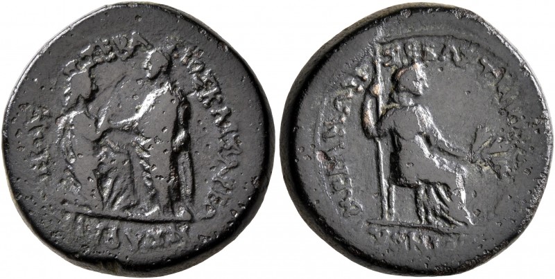 LYDIA. Sardis. Tiberius, with Julia Augusta (Livia), 14-37. Assarion (Bronze, 19...