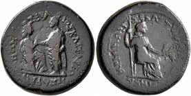 LYDIA. Sardis. Tiberius, with Julia Augusta (Livia), 14-37. Assarion (Bronze, 19 mm, 5.40 g, 12 h), Ioulios Kleon and Memnon, magistrates. ΣΕΒΑΣΤΟΣ ΚΑ...