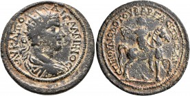 CARIA. Bargasa. Gallienus, 253-268. Tetrassarion (Bronze, 28 mm, 10.57 g, 7 h), Diodotos, archon. AY K ΛI ΠO ΓAΛΛIHNOC Radiate, draped and cuirassed b...