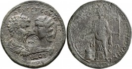 CARIA. Stratonicaea. Septimius Severus, with Julia Domna, 193-211. Hexassarion (Orichalcum, 38 mm, 31.79 g, 7 h), Leon, son of Alkaios, magistrate. AY...
