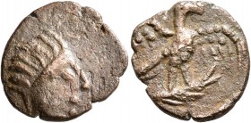 MESOPOTAMIA. Hatra. Pseudo-autonomous issue, early-mid-2nd century AD. AE (Bronze, 17 mm, 2.86 g, 11 h). Radiate head of the sun god Shamash to right....