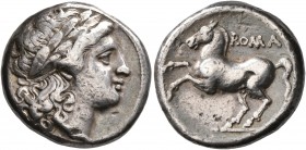 Anonymous, circa 235 BC. Didrachm (Silver, 19 mm, 6.69 g, 12 h). Laureate head of Apollo to right. Rev. ROMA Horse rearing left. Crawford 26/1. RBW 47...