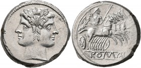 Anonymous, circa 225-214 BC. Quadrigatus - Didrachm (Silver, 21 mm, 6.58 g, 2 h), Rome. Laureate head of Janus. Rev. ROMA (in relief within linear fra...