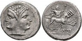 Anonymous, circa 225-214 BC. Quadrigatus - Didrachm (Silver, 20 mm, 5.43 g, 9 h), Rome. Laureate head of Janus. Rev. ROMA (in relief within linear fra...
