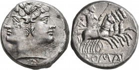 Anonymous, circa 225-214 BC. Quadrigatus - Didrachm (Silver, 19 mm, 6.53 g, 10 h), Rome. Laureate head of Janus. Rev. ROMA (in relief within linear fr...