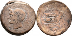 Anonymous, circa 217-215 BC. Uncia (Bronze, 26 mm, 12.60 g, 3 h), semilibral prow series, Rome. Head of Roma to left, wearing crested Attic helmet. Re...