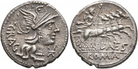 L. Antestius Gragulus, 136 BC. Denarius (Silver, 20 mm, 3.77 g, 11 h), Rome. GRAG Head of Roma to right, wearing winged helmet; below chin, X (mark of...