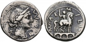 Man. Aemilius Lepidus, 114-113 BC. Denarius (Silver, 19 mm, 3.88 g, 8 h), Rome. ROMA Laureate and draped bust of Roma to right; behind, star (mark of ...