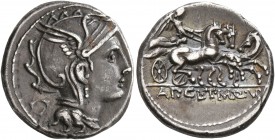 Appius Claudius Pulcher, T. Manlius Mancius and Q. Urbinius, 111-110 BC. Denarius (Silver, 16 mm, 4.00 g, 8 h), Rome. Head of Roma to right, wearing w...