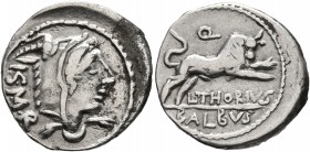 L. Thorius Balbus, 105 BC. Denarius (Silver, 19 mm, 3.73 g, 7 h), Rome. I•S•M•R Head of Juno Sospita to right, wearing goat-skin headdress. Rev. L•THO...
