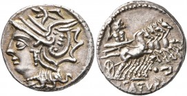 Lucius Appuleius Saturninus, 104 BC. Denarius (Silver, 17 mm, 3.93 g, 1 h), Rome. Head of Roma to left, wearing winged helmet. Rev. L•SATVRN Saturn dr...