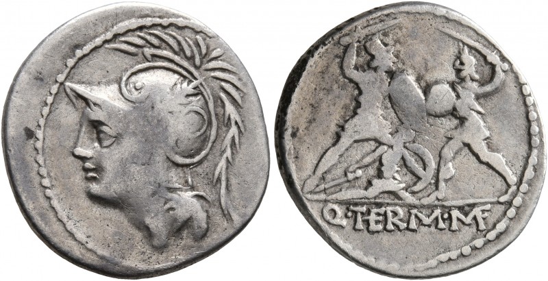 Q. Thermus M.f, 103 BC. Denarius (Silver, 20 mm, 3.70 g, 7 h), Rome. Helmeted he...