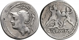 Q. Thermus M.f, 103 BC. Denarius (Silver, 20 mm, 3.70 g, 7 h), Rome. Helmeted head of Mars to left. Rev. Q• THE RM•M F Two warriors fighting, each arm...