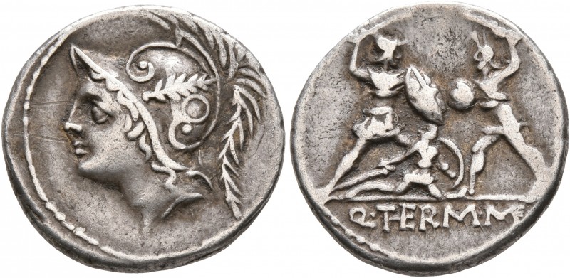 Q. Thermus M.f, 103 BC. Denarius (Silver, 19 mm, 3.93 g, 8 h), Rome. Helmeted he...