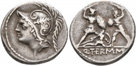 Q. Thermus M.f, 103 BC. Denarius (Silver, 19 mm, 3.93 g, 8 h), Rome. Helmeted head of Mars to left. Rev. Q• THE RM•M F Two warriors fighting, each arm...