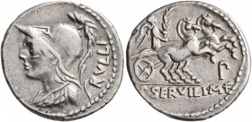 P. Servilius M.f. Rullus, 100 BC. Denarius (Silver, 20 mm, 4.00 g, 5 h), Rome. Helmeted bust of Minerva to left. Rev. P•SERVILI•M•F Victory driving bi...