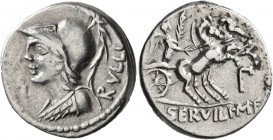 P. Servilius M.f. Rullus, 100 BC. Denarius (Silver, 19 mm, 3.88 g, 2 h), Rome. RVLLI Helmeted bust of Minerva to left. Rev. P•SERVILI•M•F Victory driv...