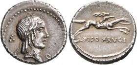 L. Calpurnius Piso Frugi, 90 BC. Denarius (Silver, 17 mm, 3.83 g, 12 h), Rome. Laureate head of Apollo to right; behind, four pellets; before, O. Rev....