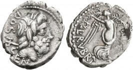 L. Rubrius Dossenus, 87 BC. Quinarius (Silver, 15 mm, 1.55 g, 4 h), Rome. DOSSEN Laureate head of Neptune to right; behind, trident. Rev. L•RVBRI Vict...
