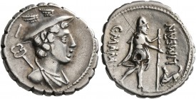 C. Mamilius Limetanus, 82 BC. Denarius (Subaeratus, 19 mm, 3.45 g, 9 h), a contemporary plated imitation. Irregular mint. Draped bust of Mercury to ri...