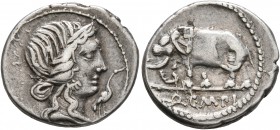 Q. Caecilius Metellus Pius, 81 BC. Denarius (Silver, 18 mm, 3.78 g, 7 h), Rome. Diademed head of Pietas to right; before, stork. Rev. Q•C•M•P•I Elepha...