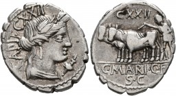 C. Marius C.f. Capito, 81 BC. Denarius (Silver, 20 mm, 3.91 g, 6 h), Rome. CAPIT•CXXII Draped bust of Ceres to right; below chin, torch. Rev. C•MARI•C...
