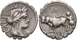 C. Marius C.f. Capito, 81 BC. Denarius (Silver, 18 mm, 3.92 g, 7 h), Rome. Draped bust of Ceres to right; below chin, control mark. Rev. C•MARI•C•F / ...