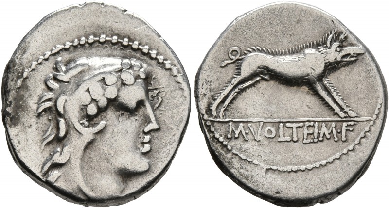 M. Volteius M.f, 78 BC. Denarius (Silver, 19 mm, 3.73 g, 7 h), Rome. Head of Her...