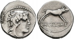 M. Volteius M.f, 78 BC. Denarius (Silver, 19 mm, 3.73 g, 7 h), Rome. Head of Hercules to right, wearing lion skin headdress. Rev. M VOLTEI M•F Erymant...