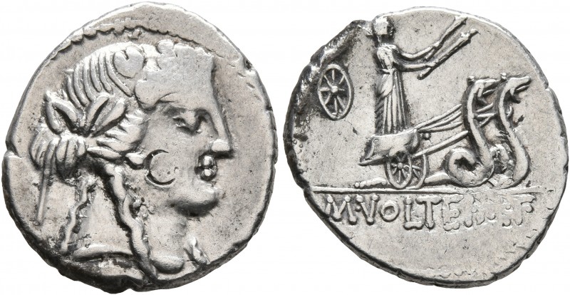 M. Volteius M.f, 78 BC. Denarius (Silver, 18 mm, 3.61 g, 7 h), Rome. Head of Lib...