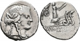M. Volteius M.f, 78 BC. Denarius (Silver, 18 mm, 3.61 g, 7 h), Rome. Head of Liber to right, wearing wreath of ivy and fruit. Rev. M•VOLTEI•M•F Ceres,...