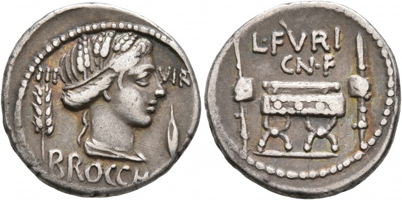 L. Furius Cn.f. Brocchus, 63 BC. Denarius (Silver, 19 mm, 3.95 g, 8 h), Rome. II...