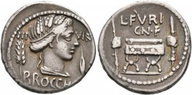 L. Furius Cn.f. Brocchus, 63 BC. Denarius (Silver, 19 mm, 3.95 g, 8 h), Rome. III - VIR / BROCCHI Head of Ceres to right; to left, grain ear; to right...
