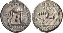 M. Aemilius Scaurus and Pub. Plautius Hypsaeus, 58 BC. Denarius (Silver, 18 mm, 4.06 g, 6 h), Rome. M•SCAVR / AED•CVR / EX - S•[C] / REX ARETA[S] Naba...