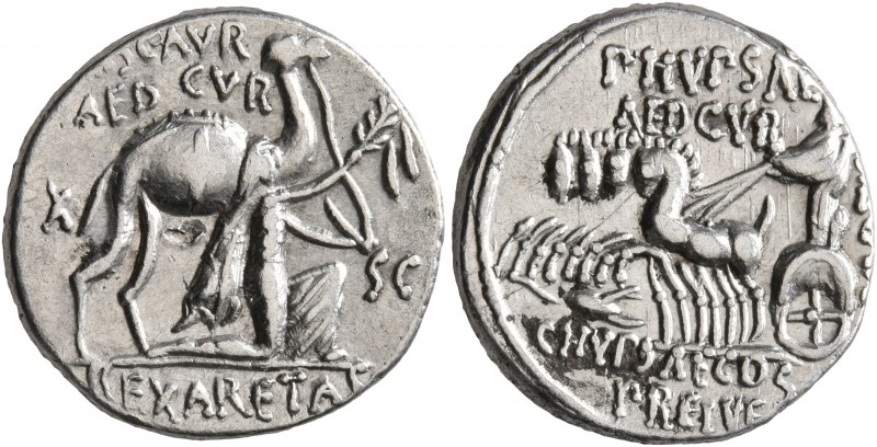 M. Aemilius Scaurus and Pub. Plautius Hypsaeus, 58 BC. Denarius (Silver, 17 mm, ...