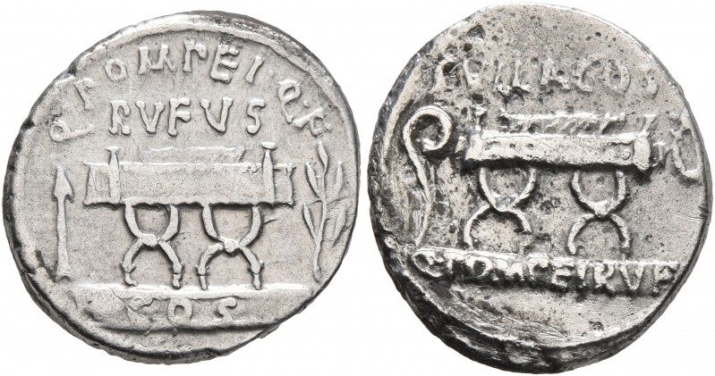 Q. Pompeius Rufus, 54 BC. Denarius (Silver, 18 mm, 3.85 g, 4 h), Rome. Q•POMPEI•...
