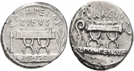 Q. Pompeius Rufus, 54 BC. Denarius (Silver, 18 mm, 3.85 g, 4 h), Rome. Q•POMPEI•Q•F / RVFVS Curule chair between arrow and laurel branch; below, COS o...