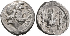 Cn. Nerius, 49 BC. Denarius (Silver, 18 mm, 3.66 g, 7 h), with L. Lentulus and Claudius Marcellus, Rome. NE RI•Q• VR B Head of Saturn to right with ha...
