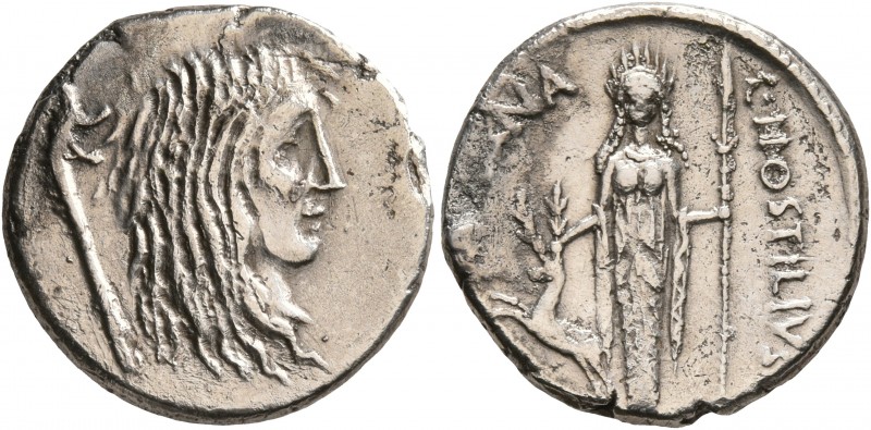 L. Hostilius Saserna, 48 BC. Denarius (Silver, 17 mm, 3.63 g, 5 h), Rome. Bare h...