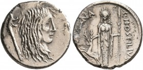 L. Hostilius Saserna, 48 BC. Denarius (Silver, 17 mm, 3.63 g, 5 h), Rome. Bare head of Gallia to right, wearing long hair; to left, carnyx (Gallic tru...