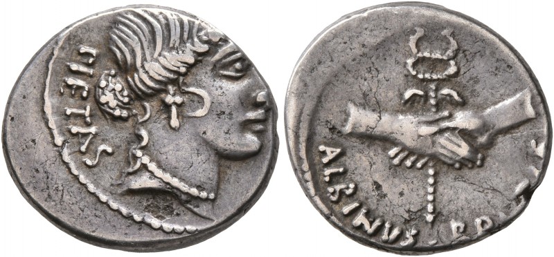 Albinus Bruti f, 48 BC. Denarius (Silver, 18 mm, 3.86 g, 6 h), Rome. PIETAS Head...