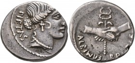 Albinus Bruti f, 48 BC. Denarius (Silver, 18 mm, 3.86 g, 6 h), Rome. PIETAS Head of Pietas to right. Rev. ALBINVS•BRVTI•F Two right hands clasped arou...