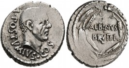 Albinus Bruti f, 48 BC. Denarius (Silver, 18 mm, 3.91 g, 4 h), Rome. A•POSTVMIVS•COS Bare head of the consul Aulus Postumius Albinus right. Rev. ALBIN...